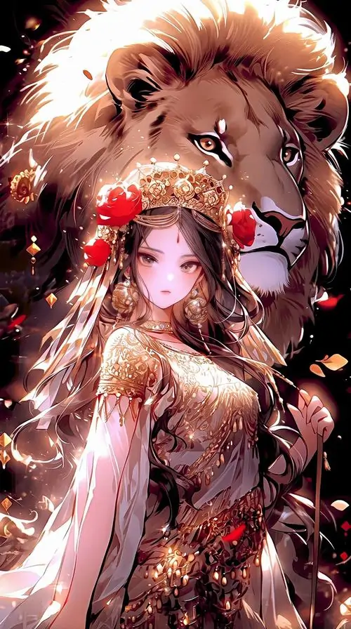 Ảnh avatar cô gái tóc hồng đứng trước đầu sư tử khổng lồ, váy đính hoa đỏ rơi lấp lánh, mắt nhìn thẳng dịu mà vững, hợp làm ảnh cung Sư Tử nữ anime chibi kiểu fantasy đẹp