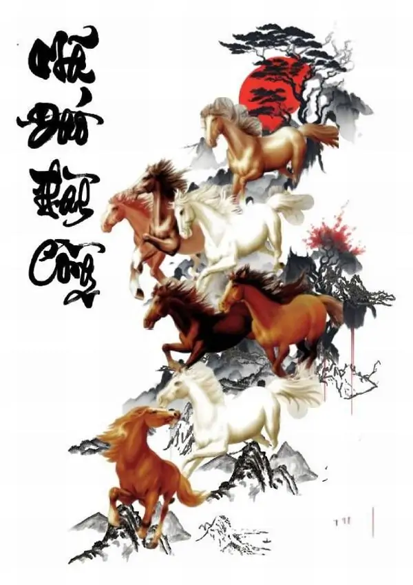 Một con ngựa đầu đàn vươn cổ dẫn cả nhóm băng qua bãi cỏ rộng, phía sau là mây hồng và núi xa, tranh bát mã đồ mang nét phong thủy rất rõ
