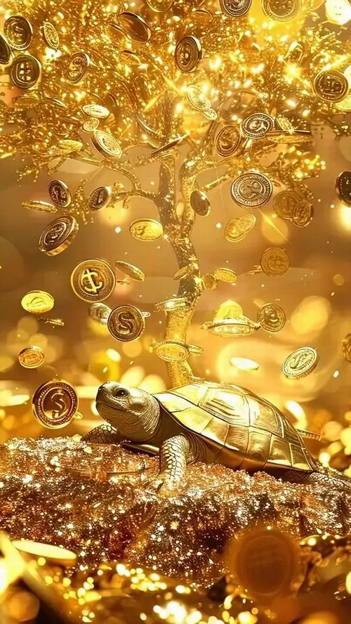 Hình nền điện thoại rùa vàng quay ngang trong khung dọc, mai tròn sáng đều và nền nước xanh đậm loang nhẹ, tổng thể cute vừa đủ nhưng vẫn giữ nét linh thiêng chiêu tài