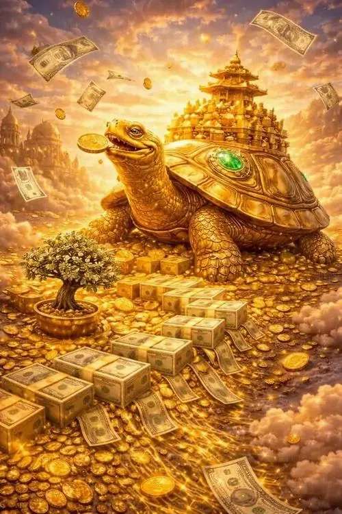 Ảnh nền rùa vàng đứng trước cụm sen và đồng tiền cổ, đầu ngẩng cao, mai sáng dày và nền vàng nâu ấm, tổng thể đẹp mắt, hợp tuổi thích biểu tượng chiêu tài