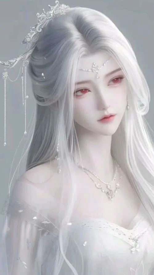 Anime girl tóc trắng mang ánh mắt lạnh giữa bối cảnh mơ màng nghệ thuật