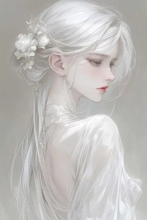Nhân vật anime tóc bạc hiện lên với vẻ đẹp mong manh tinh tế