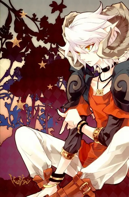 Ảnh anime nhân vật tóc trắng ngồi co chân trên nền lá đỏ, áo choàng đỏ cam nổi bật và cặp sừng nhỏ làm tổng thể vừa tinh nghịch vừa đẹp theo vibe Dương Cưu