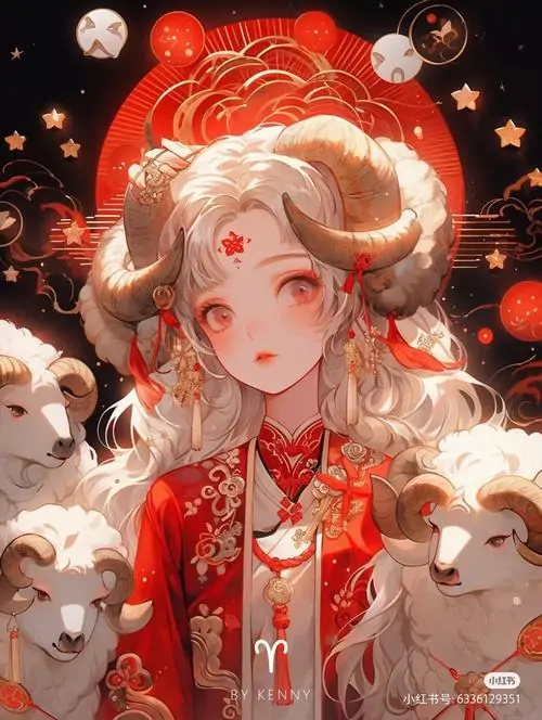 Ảnh chibi bé gái sừng cừu tóc sáng mặc đồ đỏ đứng giữa nền lửa hoa, mắt tròn hơi ngước lên và biểu cảm ngoan làm ảnh nữ Bạch Dương trông rất dễ thương