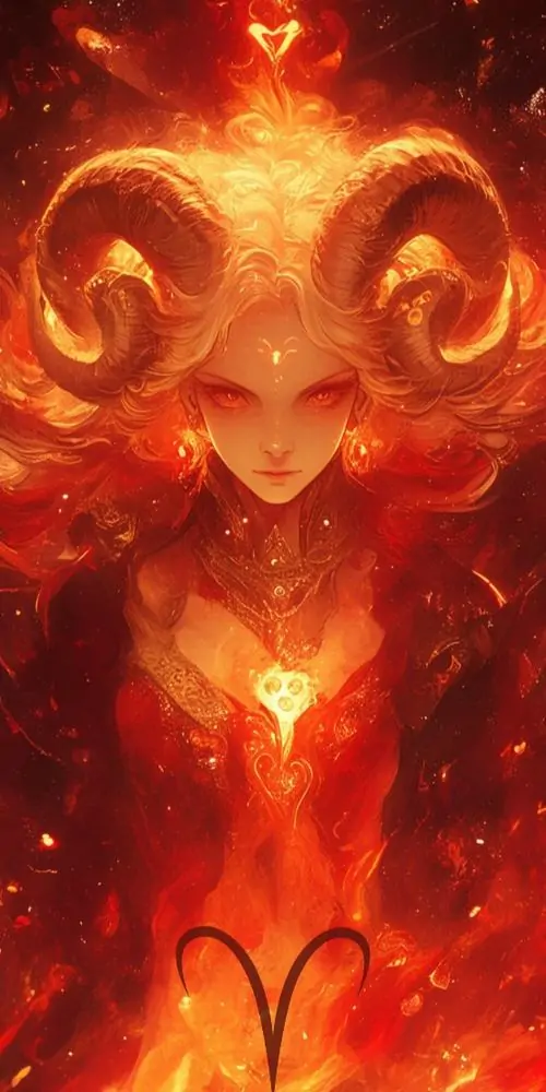 Hình vẽ Aries gương mặt cừu hiện lên từ khối lửa đỏ rực, hai mắt sáng và sừng cuộn lớn làm bố cục dọc rất gắt, hợp ai thích ảnh cung lửa đậm nhiệt