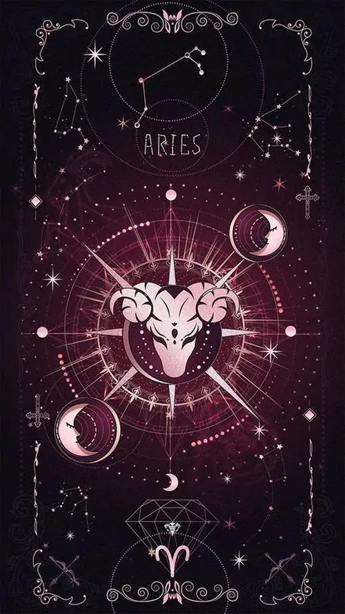 Ảnh dọc lá bài hoàng đạo tông tím đặt biểu tượng Aries ở giữa, các chòm sao và đường viền phát sáng khiến bức ảnh không có nhân vật vẫn rất cuốn để làm nền máy