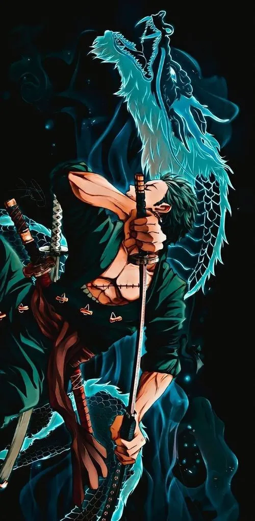 Hình Zoro aura haki cực gắt, nền tối sâu, ánh sáng viền làm nổi khối cánh tay