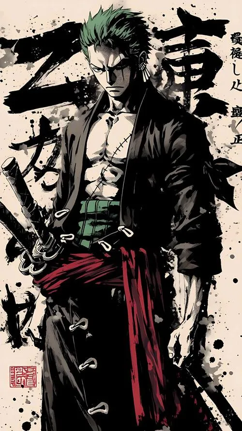 Tải ảnh Zoro ngầu haki kiểu Wano, nền khói lượn, tia sét đen chạy quanh lưỡi kiếm
