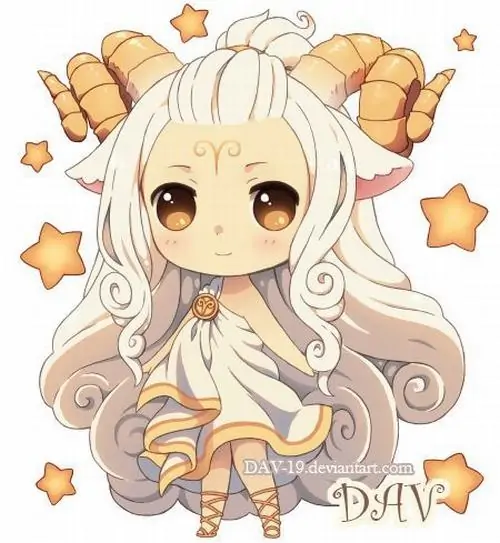 Ảnh anime bé gái chibi tóc vàng với cặp sừng nhỏ đứng giữa các ngôi sao, váy trắng kem và má ửng hồng làm tổng thể tròn trịa, cute và hợp ảnh Dương Cưu