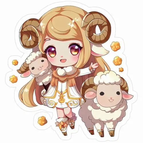 Nhân vật chibi má hồng mặc đồ vàng nâu đứng cạnh bé cừu nhỏ, hai tay mở ra và đôi mắt to làm bức này đáng yêu theo kiểu ảnh cung lửa cho nữ