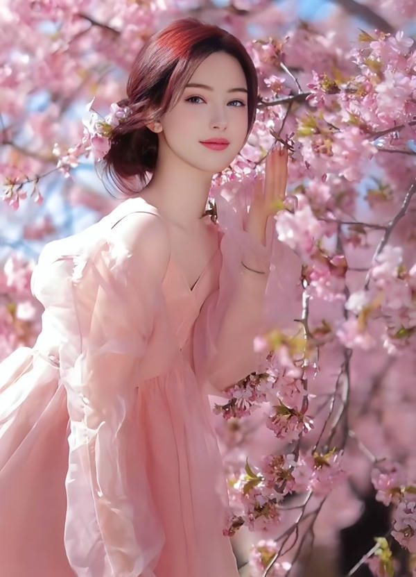 Cô gái xinh đứng bên cành đào nở rộ.