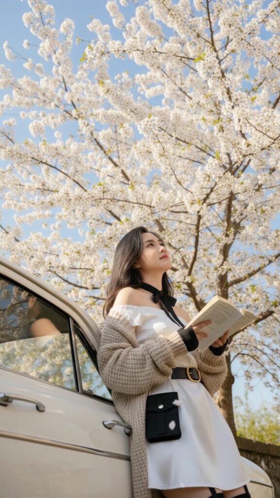 Cô gái xinh mỉm cười bên cành đào hồng.