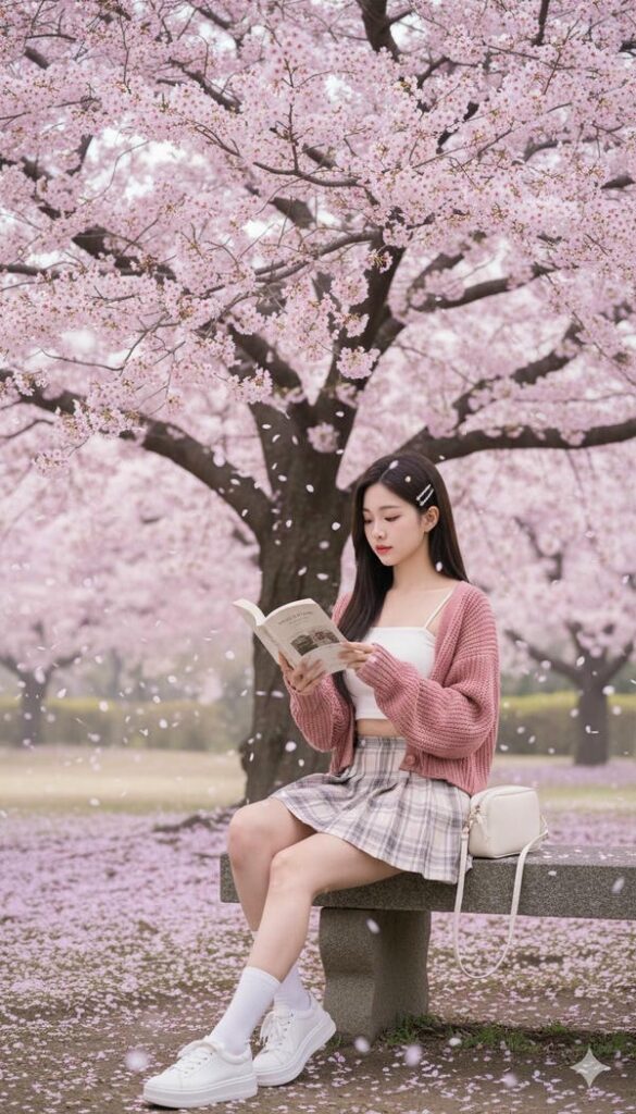 Cô gái xinh tạo dáng bên hoa đào mùa xuân.
