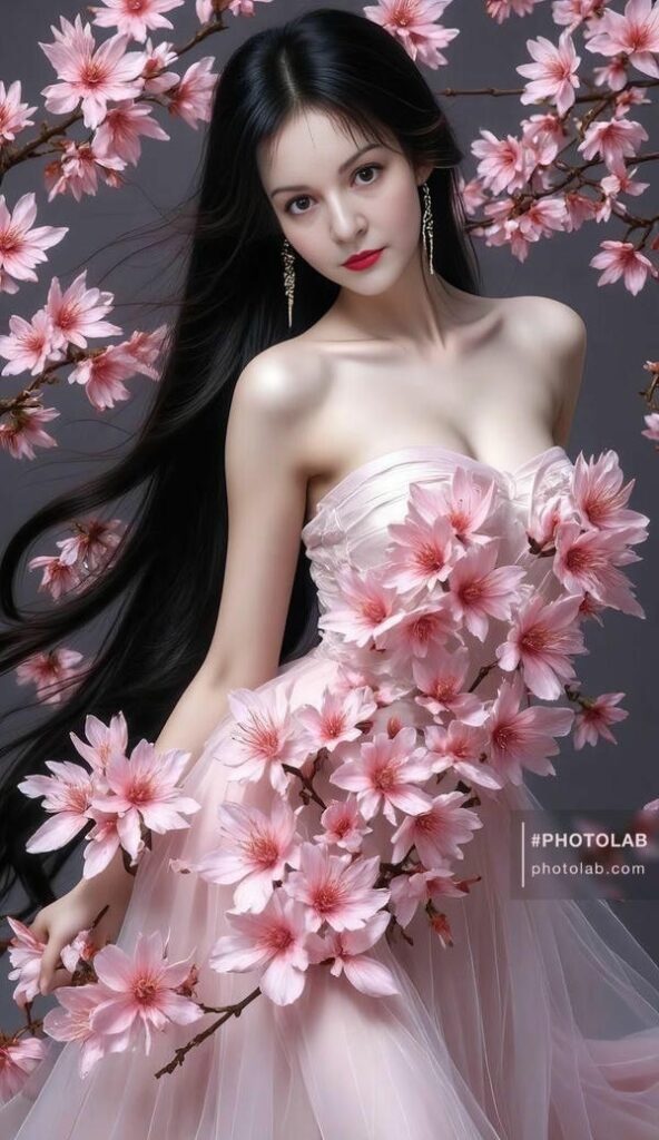 Gái xinh đứng cạnh cành đào rực rỡ.