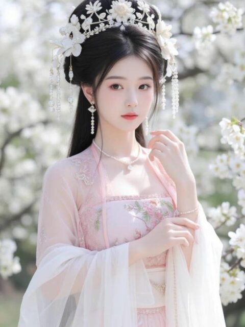 Hình nền điện thoại cô gái xinh đứng bên hoa đào nở rộ