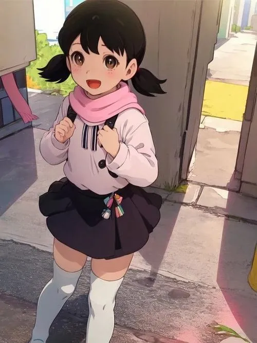 Shizuka-chan quàng khăn, ôm tay giữ ấm, đứng ở phố chiều, ánh đèn vàng ấm áp