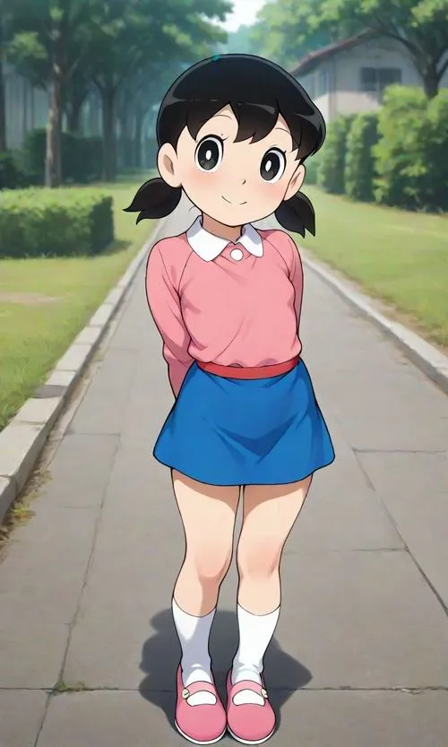 Shizuka-chan mặc áo hồng váy xanh, đi trên đường vắng, nền tối giản, cảm giác nhẹ tênh