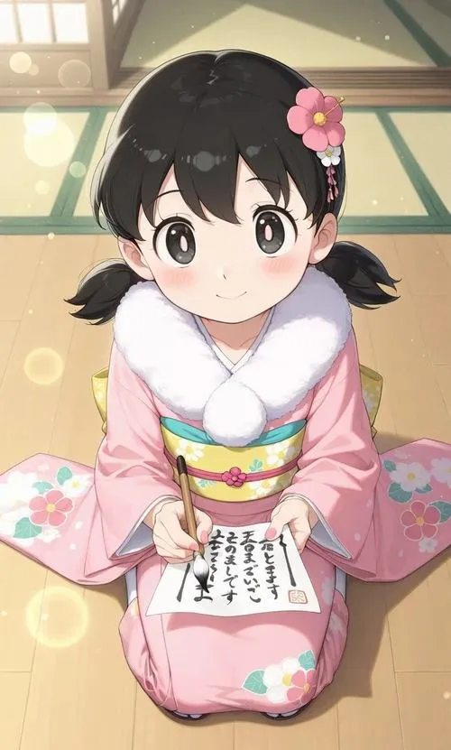 Xuka ngồi kiểu seiza, kimono hồng, tay đặt trước ngực, gương mặt bẽn lẽn dễ thương