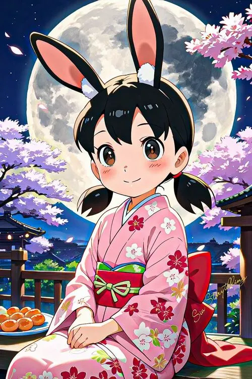 Shizuka-chan mặc kimono hồng, đeo tai thỏ, ngồi giữa hoa anh đào, màu sắc dịu nhẹ