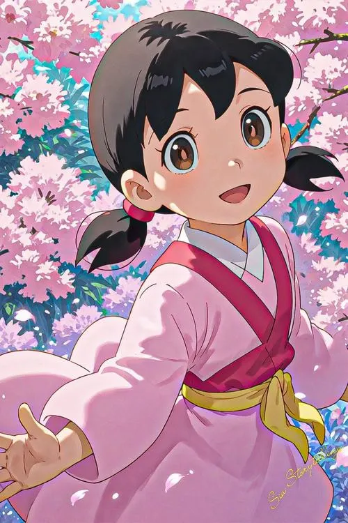Shizuka trong kimono hồng, đưa tay về phía trước, nền hoa đào tạo cảm giác trong trẻo