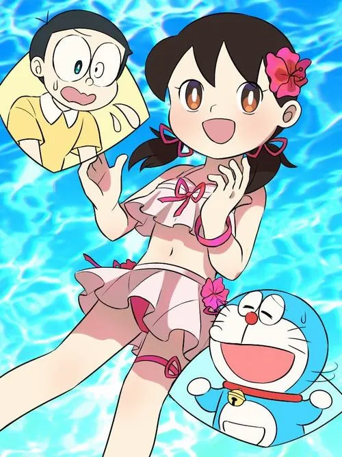 Xuka chibi cạnh Doraemon và Nobita, nền xanh sáng, tạo hình vui tươi như ảnh cắt cảnh