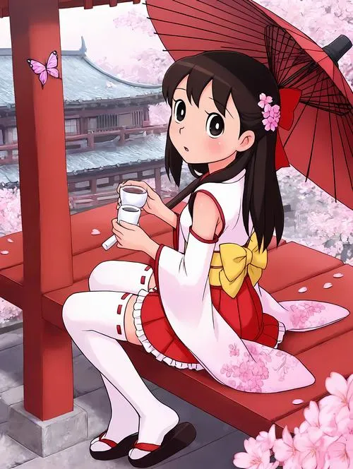 Sue ngồi ghế gỗ, cầm ô đỏ, kimono sáng màu, bối cảnh phố Nhật yên bình