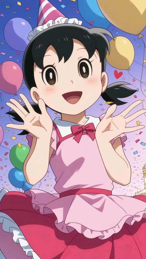 Shizuka-chan váy hồng phồng, phông xanh đáng yêu, giơ tay chào, hợp làm ảnh đại diện