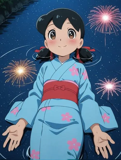 Shizuka-chan mặc yukata xanh, nhìn lên pháo hoa, nền tối làm nổi đôi mắt tròn sáng