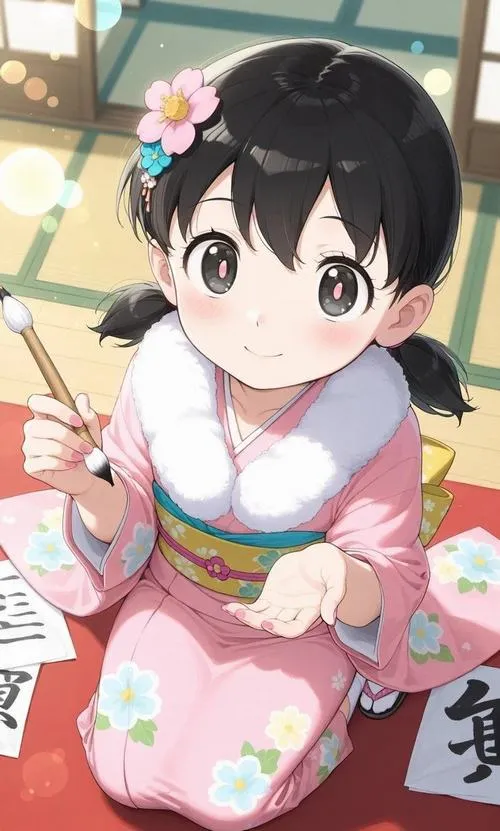 Sue trong kimono trắng hồng, cầm quạt giấy, không khí lễ hội, màu sắc ấm áp