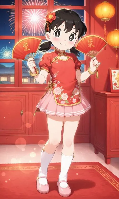 Shizuka diện váy đỏ, đứng trước đèn lồng, dáng tự tin, ánh sáng rực như sân khấu