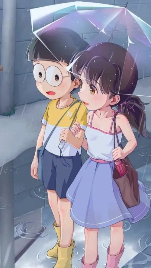 Shizuka-chan đi cùng Nobita dưới ô, bối cảnh mưa xám, cảm giác ấm và gần gũi