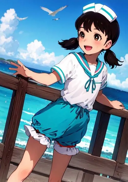 Shizuka-chan ở bờ biển, áo thủy thủ xanh, dang tay đón gió, nền trời trong và sáng