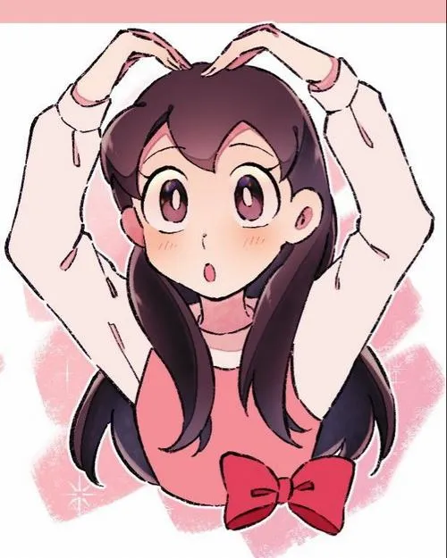 Shizuka-chan vẽ kiểu phác, giơ tay tạo hình trái tim, mặt ngạc nhiên, má hồng nhẹ