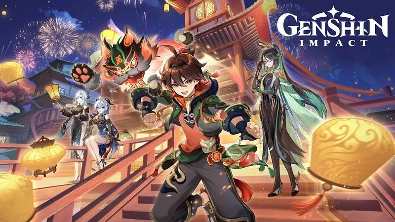 Ảnh fanart Gaming ngầu, tư thế lao lên, cảm giác sắp đáp lửa diện rộng, nền Liyue rực ấm