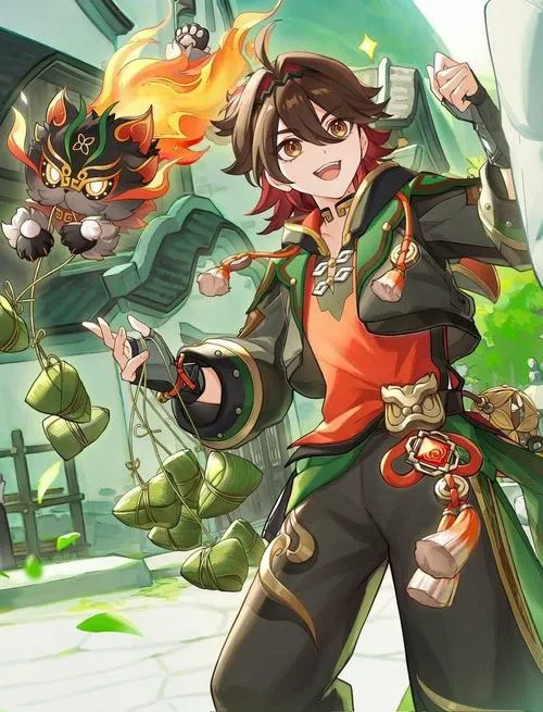 Ảnh fanart Gaming đẹp, chuyển động thị giác rõ, viền cháy quanh tóc, nền sương núi tạo chiều sâu