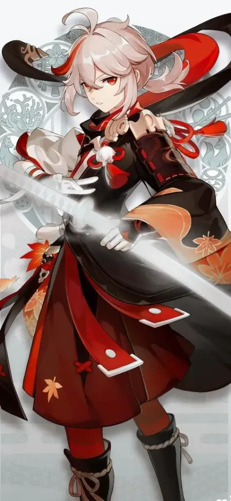 Ảnh fanart Kazuha thổi chiếc lá, gió lùa quanh vai, nền mờ, cảm giác nghe tiếng thiên nhiên