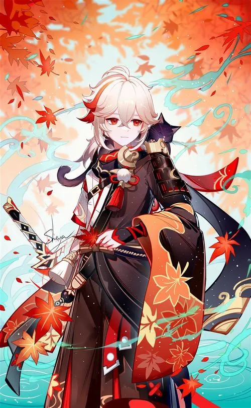 Hình anime Kazuha kiểu tối giản, điểm đỏ lá phong, ánh nhìn điềm tĩnh, khí chất lãng khách