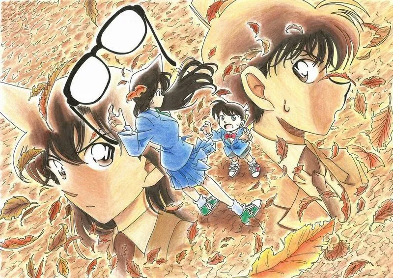 Hình nền đẹp tông vàng hoài niệm, Shinichi và Ran mờ ảo, cảm giác ký ức quay về.