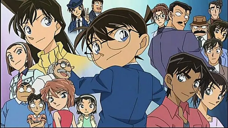Hình nền anime Conan chạy trên phố mưa, đèn neon loang, không khí điện ảnh rất đã.