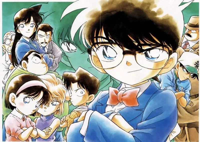 Ảnh Haibara và Conan phối hợp, nền dấu vân tay mờ, hợp theme hiện trường và suy luận.