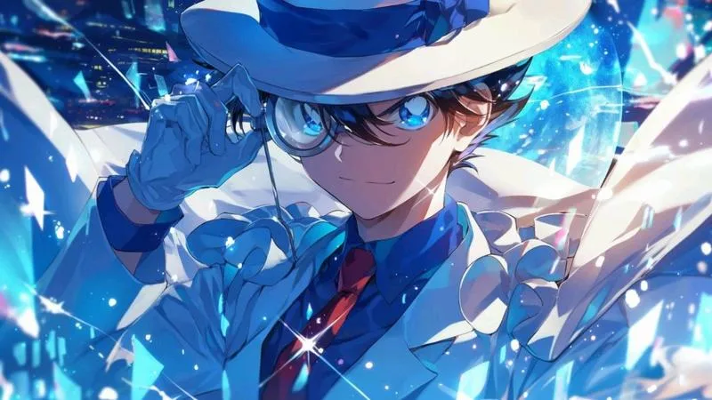 Ảnh Kaito Kid ngầu tông xanh băng, hiệu ứng vỡ mảnh, hợp màn hình rộng sắc nét.