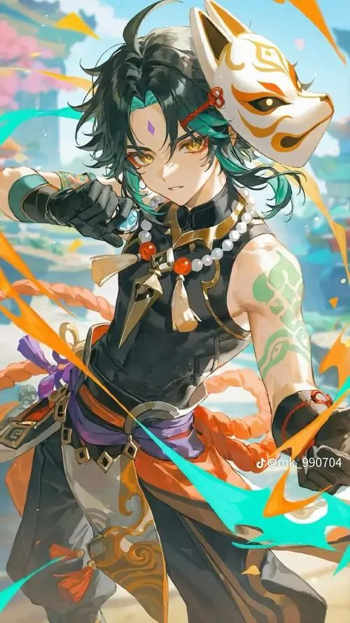 Ảnh nền Xiao anime bán thân, nền tối, mắt sáng, gió lướt mỏng tạo chiều sâu