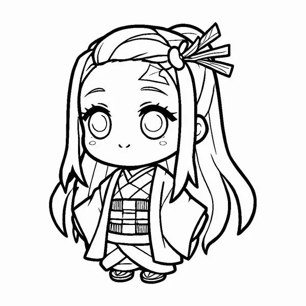 Tranh tô màu Nezuko chibi ôm ống tre, kimono hồng phấn, nơ hồng nổi bật, nét tròn dễ tô