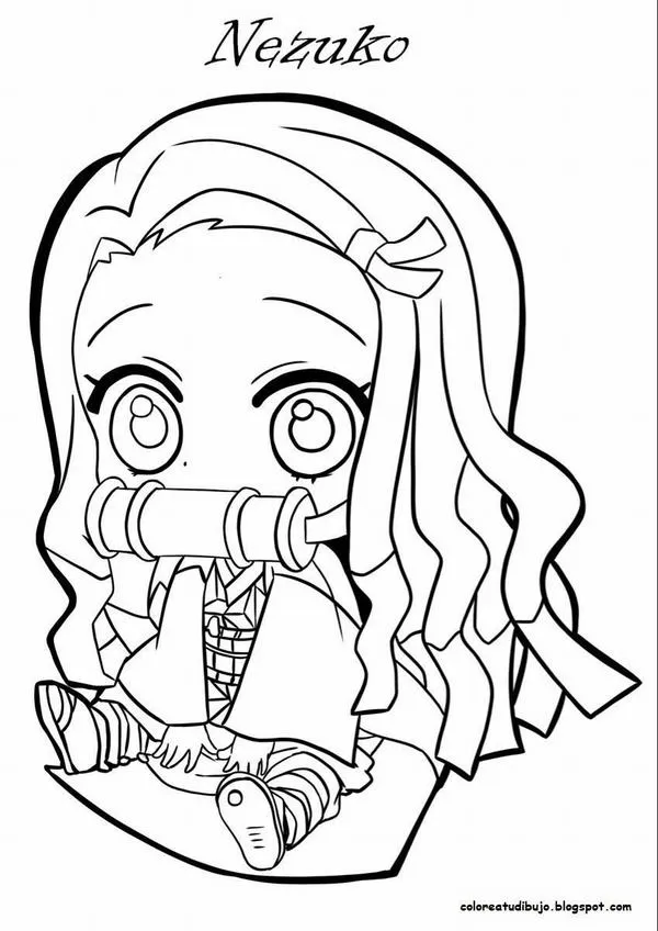 Nezuko chibi ngồi xếp chân, tay ôm nhẹ, má ửng hồng, biểu cảm ngây thơ khiến ai cũng thích