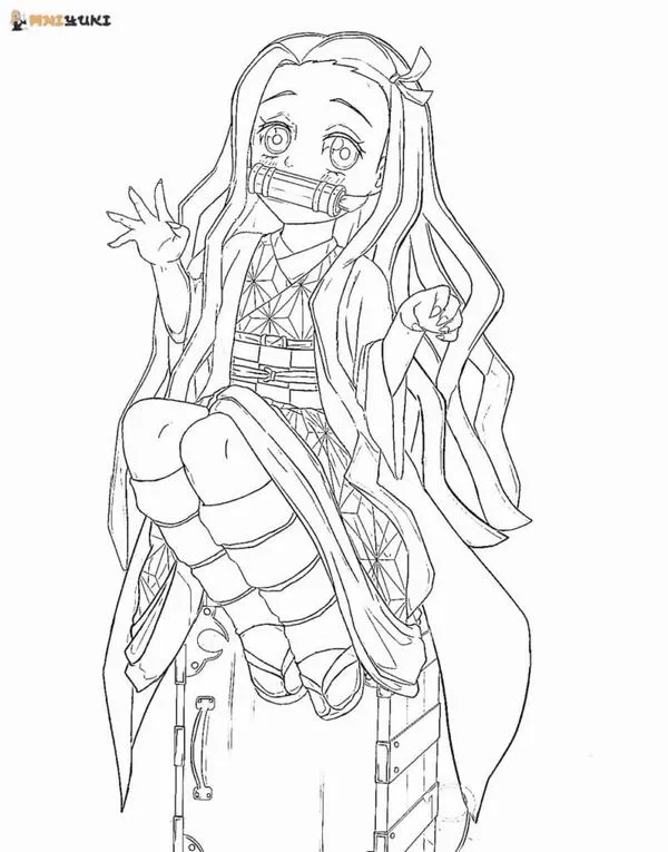 In hình tập tô Nezuko chibi đội nơ, tay giơ chào, ống tre xanh, đường viền sạch dễ tô đều