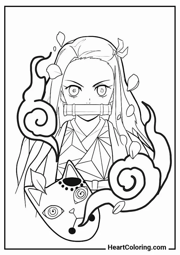 Nezuko chibi đứng cạnh đốm sáng, kimono hồng dịu, khuôn mặt tròn xoe, cảm giác rất đáng yêu