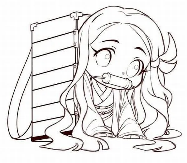 Nezuko Kamado chibi đầu to chân ngắn, mắt đỏ hồng long lanh, tóc đen mềm, cười rất hiền