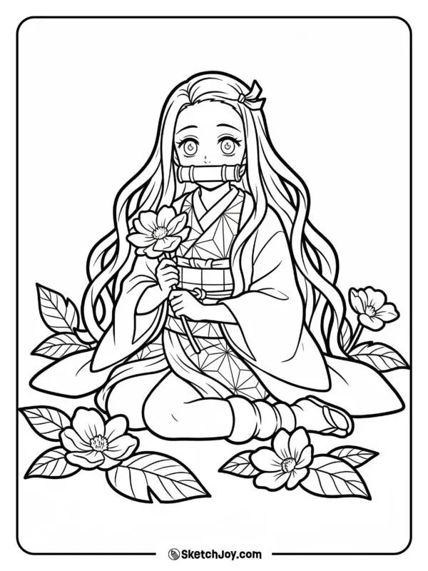 Nezuko dạng quỷ cúi người chuẩn bị bật lên, ánh mắt sắc sảo, sừng nhỏ nổi, cảm giác quyền lực