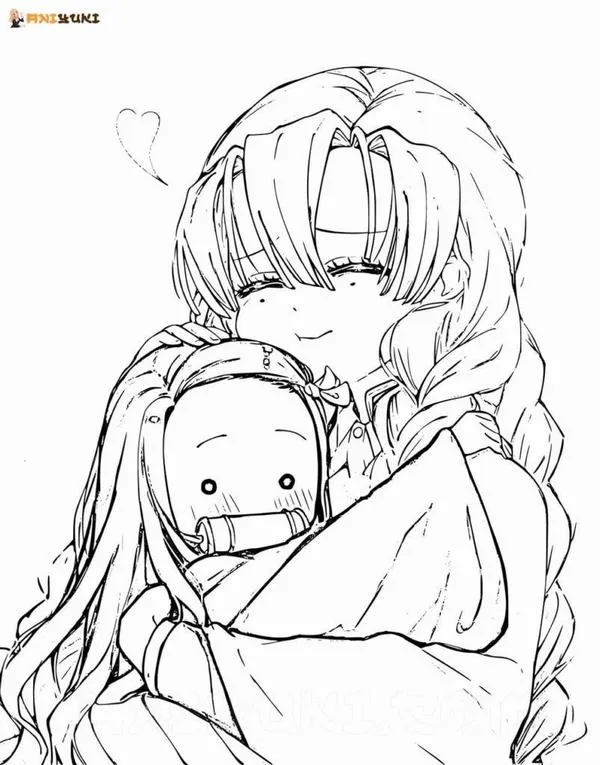 Nezuko chibi cười nhỏ, ống tre xanh lục, nơ hồng đậm, tóc đen nâu có vệt sáng rất xinh