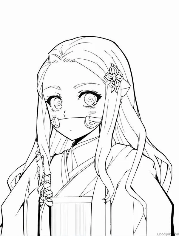 Nezuko đứng yên giữa lá rừng, nơ hồng nhỏ gọn, cổ áo kimono gọn gàng, cảm giác rất bình yên